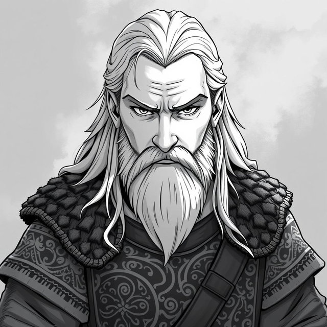 A greyscale illustration portrait of a dwarf rogue resembling Thorin Oakenshield, looking directly forward