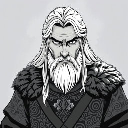A greyscale illustration portrait of a dwarf rogue resembling Thorin Oakenshield, looking directly forward