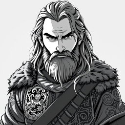A greyscale illustration portrait of a dwarf rogue resembling Thorin Oakenshield, looking directly forward