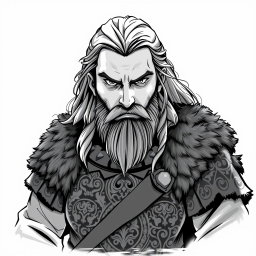A greyscale illustration portrait of a dwarf rogue resembling Thorin Oakenshield, looking directly forward