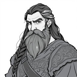 A greyscale illustration portrait in anime style featuring a stout dwarf rogue resembling Thorin Oakenshield