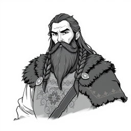 A greyscale illustration portrait in anime style featuring a stout dwarf rogue resembling Thorin Oakenshield