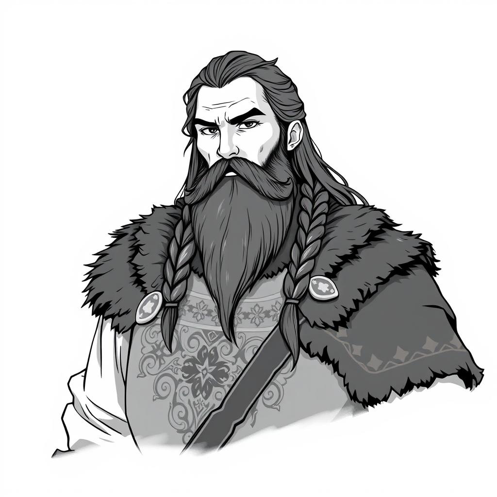 A greyscale illustration portrait in anime style featuring a stout dwarf rogue resembling Thorin Oakenshield
