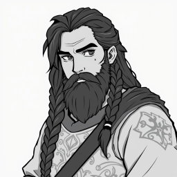 A greyscale illustration portrait in anime style featuring a stout dwarf rogue resembling Thorin Oakenshield