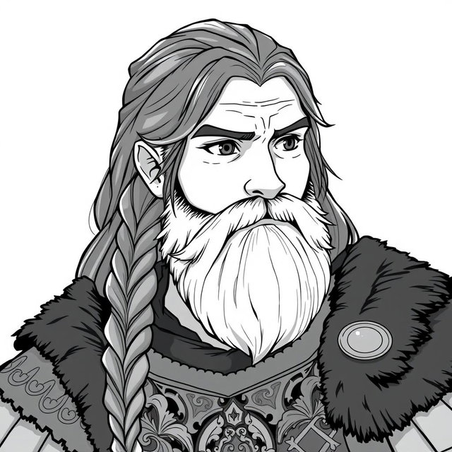 A greyscale illustration portrait in anime style featuring a stout dwarf rogue resembling Thorin Oakenshield
