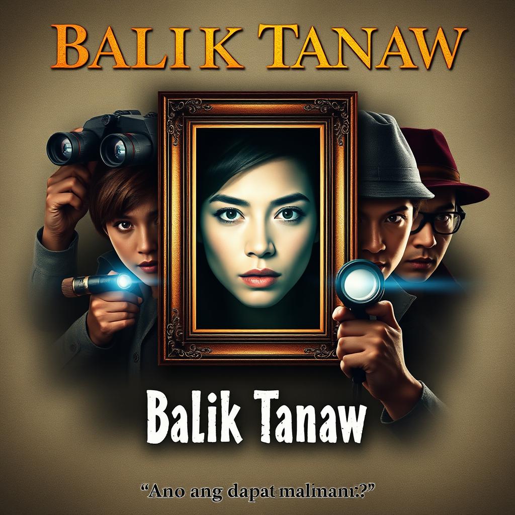 A captivating film poster titled "Balik Tanaw" featuring a central picture frame showcasing a character’s face illuminated with vibrant light