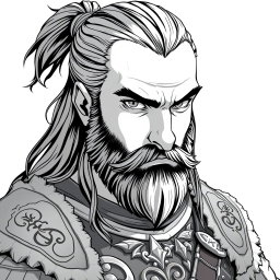 A greyscale illustration portrait in anime style of a dwarf rogue resembling Thorin Oakenshield
