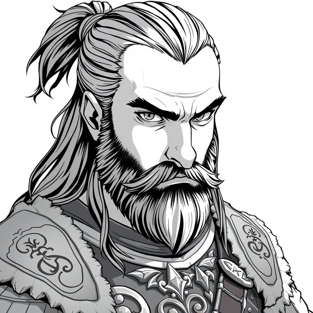 A greyscale illustration portrait in anime style of a dwarf rogue resembling Thorin Oakenshield