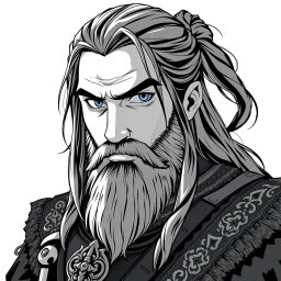 A greyscale illustration portrait in anime style of a dwarf rogue resembling Thorin Oakenshield