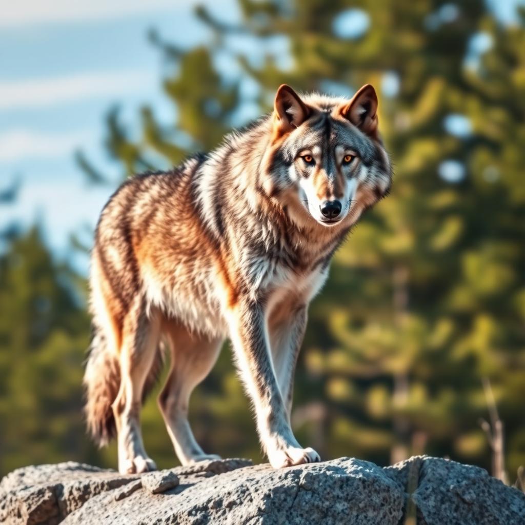 A stunning close-up photograph of a majestic grey wolf standing proudly on a rocky outcrop in a forest setting