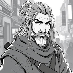 A greyscale illustration portrait of a dwarf rogue inspired by Thorin Oakenshield, looking forward with a confident expression