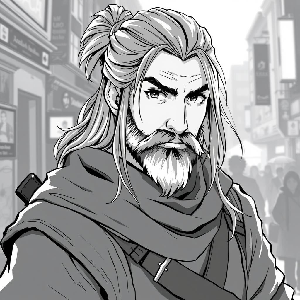 A greyscale illustration portrait of a dwarf rogue inspired by Thorin Oakenshield, looking forward with a confident expression