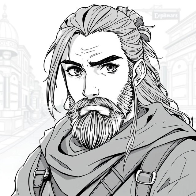 A greyscale illustration portrait of a dwarf rogue inspired by Thorin Oakenshield, looking forward with a confident expression