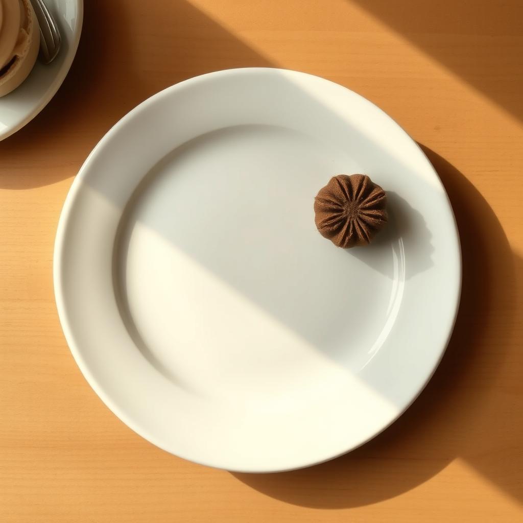 A ceramic white plate viewed from above placed on a table, with a close-up object on the right side of the plate and a small glimpse of the wooden table on the left side