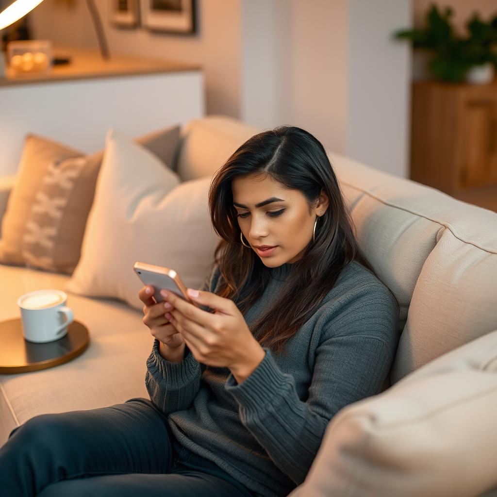 A person sitting comfortably on a couch, deeply focused on editing photos on their smartphone