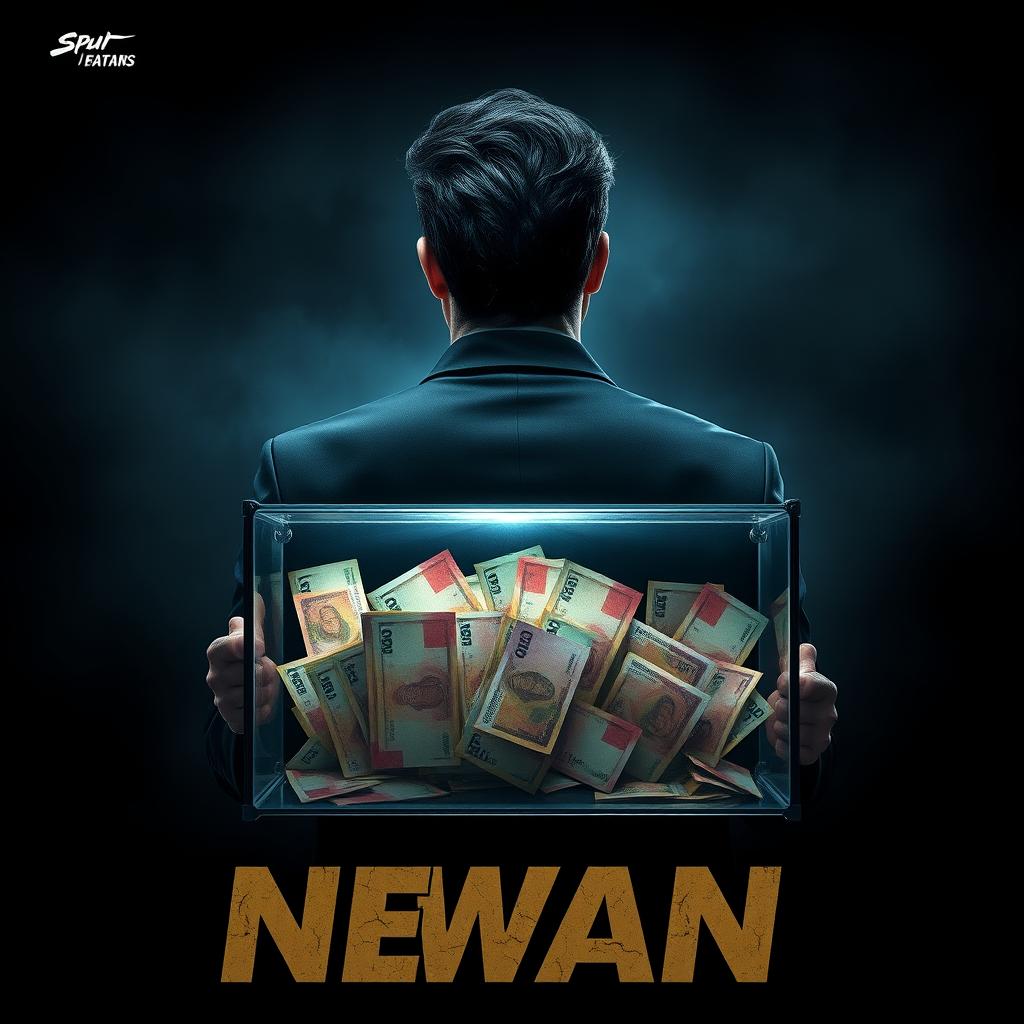 A dramatic dark-themed action poster featuring a man viewed from the back, holding a showcase filled with colorful Nepali currency notes