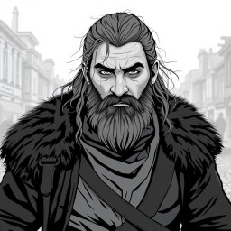 A greyscale illustration portrait of a dwarf rogue resembling Thorin Oakenshield, looking forward with a determined expression