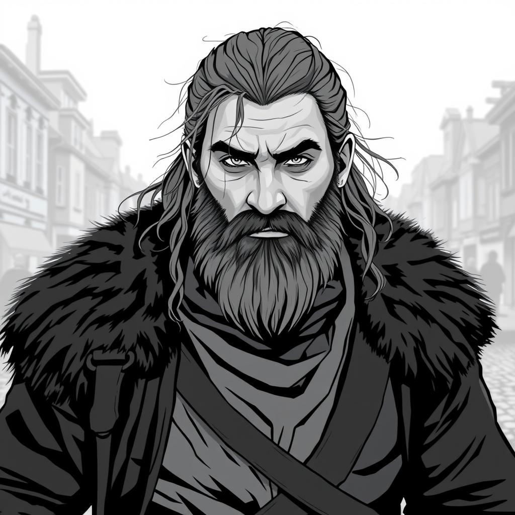 A greyscale illustration portrait of a dwarf rogue resembling Thorin Oakenshield, looking forward with a determined expression