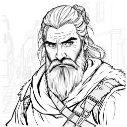 A greyscale illustration portrait of a dwarf rogue resembling Thorin Oakenshield, looking forward with a determined expression