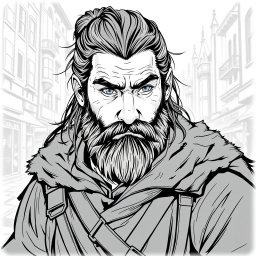 A greyscale illustration portrait of a dwarf rogue resembling Thorin Oakenshield, looking forward with a determined expression