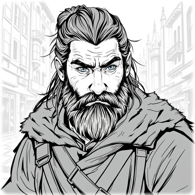 A greyscale illustration portrait of a dwarf rogue resembling Thorin Oakenshield, looking forward with a determined expression