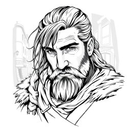 A greyscale illustration portrait of a dwarf rogue resembling Thorin Oakenshield, looking forward with a determined expression