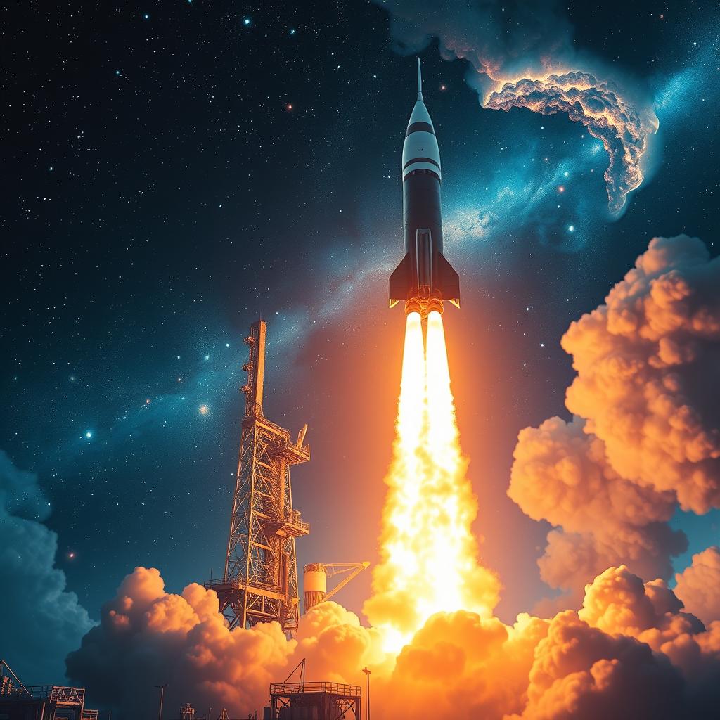 A visually stunning digital art poster depicting a rocket launching into space