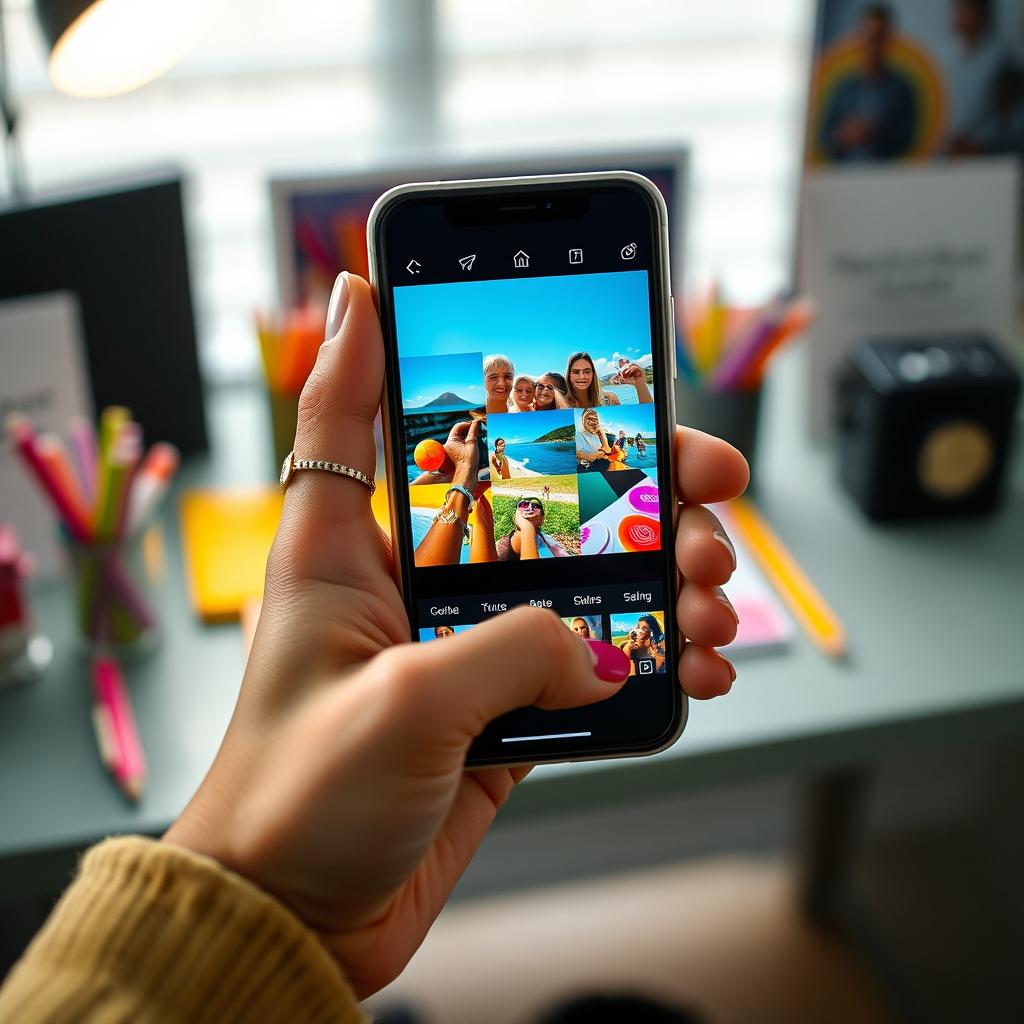 A close-up view of a hand holding a smartphone, with the screen displaying a vibrant photo editing app