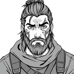 A greyscale illustration portrait in anime style of a dwarf rogue resembling Thorin Oakenshield, looking directly forward