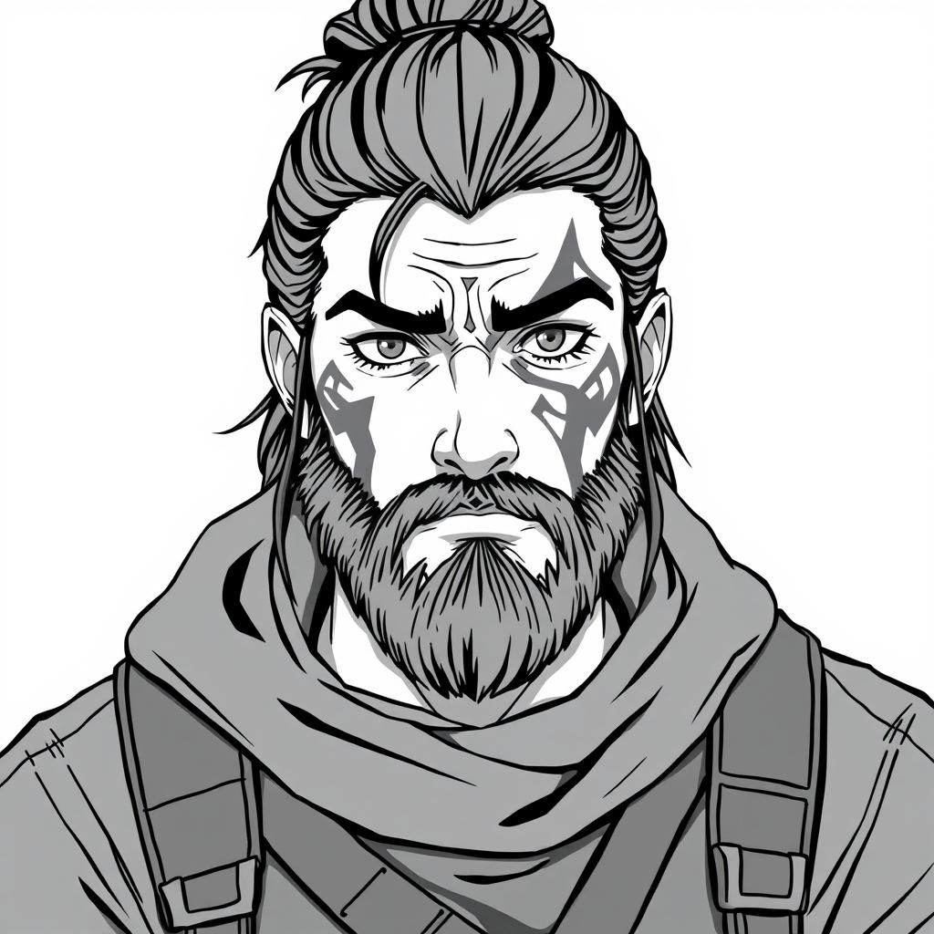 A greyscale illustration portrait in anime style of a dwarf rogue resembling Thorin Oakenshield, looking directly forward