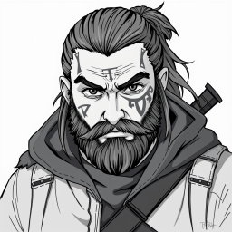 A greyscale illustration portrait in anime style of a dwarf rogue resembling Thorin Oakenshield, looking directly forward