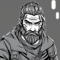 A greyscale illustration portrait in anime style of a dwarf rogue resembling Thorin Oakenshield, looking directly forward