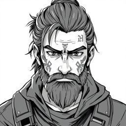 A greyscale illustration portrait in anime style of a dwarf rogue resembling Thorin Oakenshield, looking directly forward
