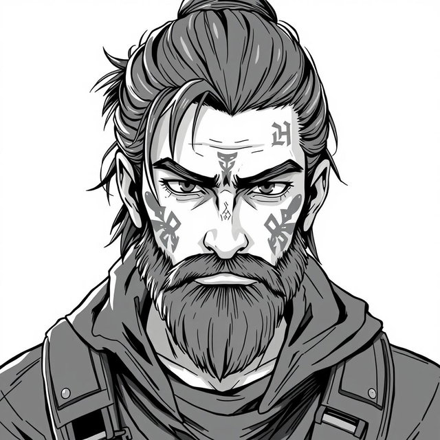 A greyscale illustration portrait in anime style of a dwarf rogue resembling Thorin Oakenshield, looking directly forward