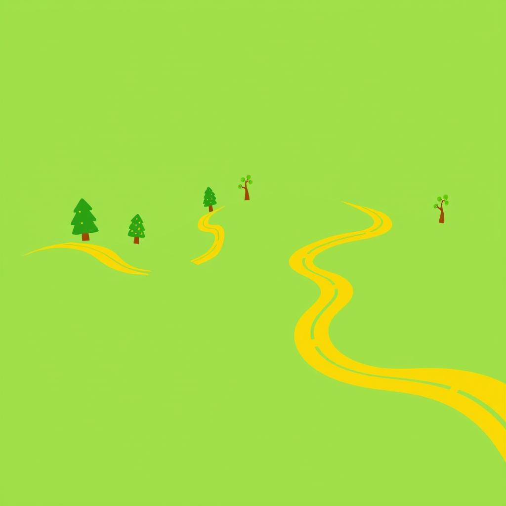 A vibrant green background featuring stylized yellow roads winding through a cartoonish landscape