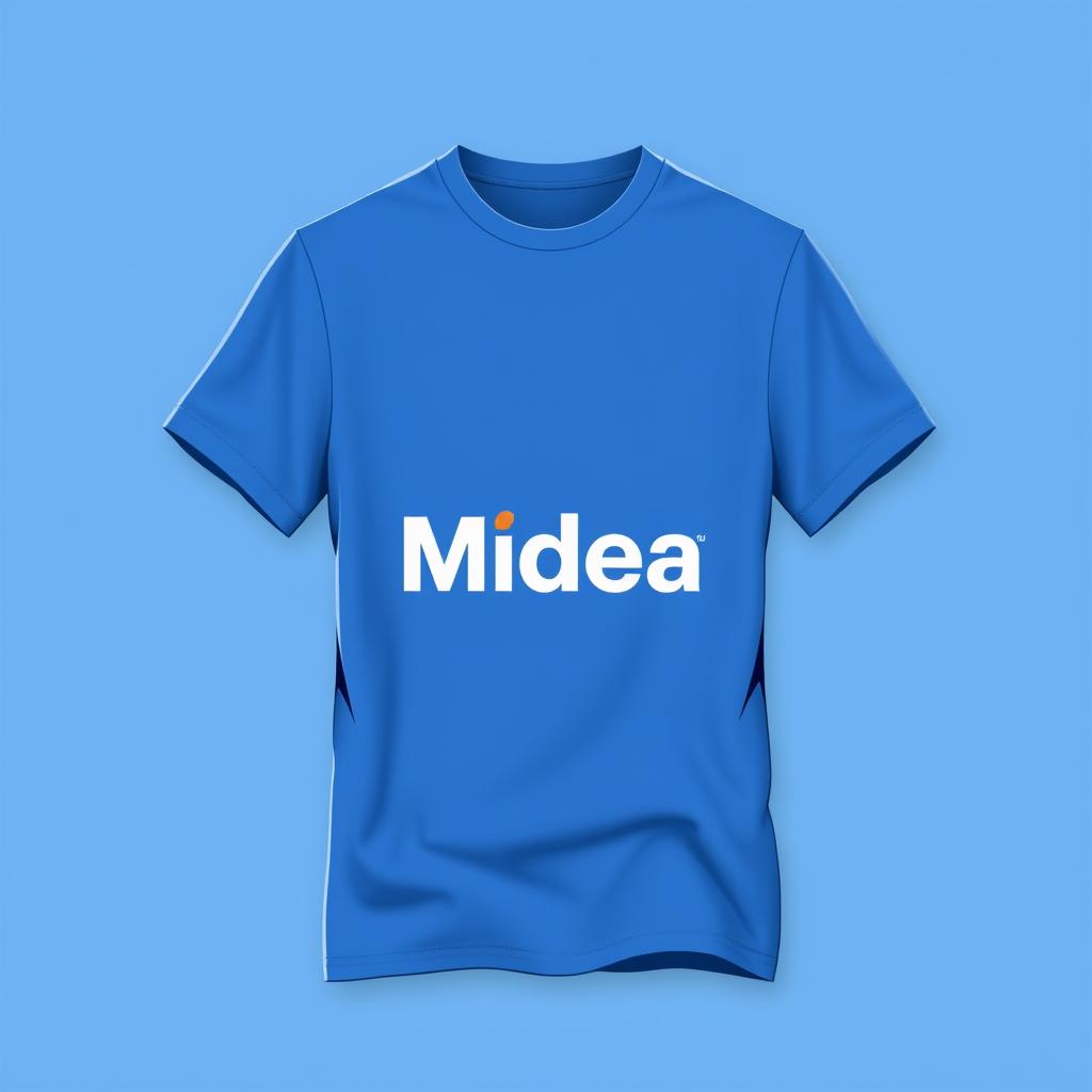 A stylish t-shirt design featuring the Midea brand logo prominently placed in the center