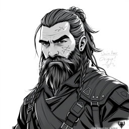 A greyscale illustration portrait of a dwarf rogue, resembling Thorin Oakenshield, looking forward with a confident expression