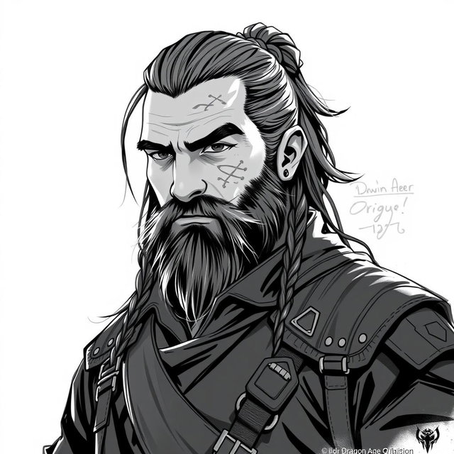 A greyscale illustration portrait of a dwarf rogue, resembling Thorin Oakenshield, looking forward with a confident expression