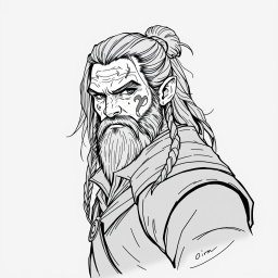 A greyscale illustration portrait of a dwarf rogue, resembling Thorin Oakenshield, looking forward with a confident expression