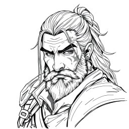 A greyscale illustration portrait of a dwarf rogue, resembling Thorin Oakenshield, looking forward with a confident expression