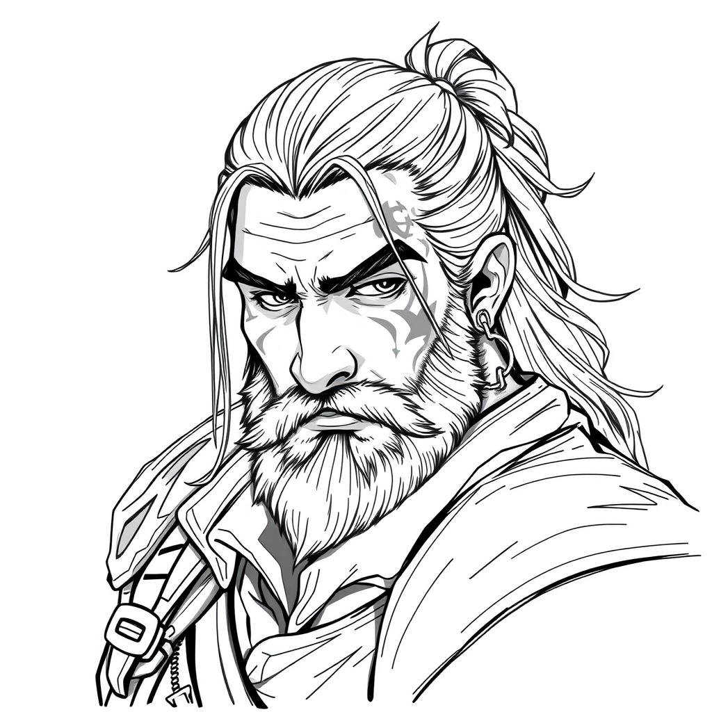 A greyscale illustration portrait of a dwarf rogue, resembling Thorin Oakenshield, looking forward with a confident expression