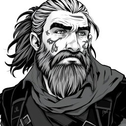 A greyscale illustration portrait of a dwarf rogue, resembling Thorin Oakenshield, looking forward with a confident expression
