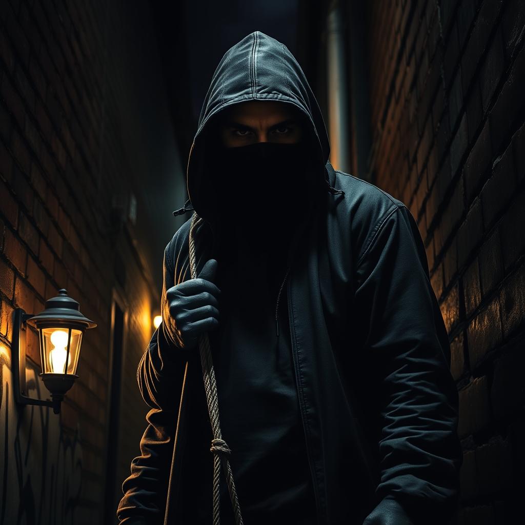 A dramatic and intense poster featuring a masked man, dressed in dark clothing, portraying a sense of mystery and danger