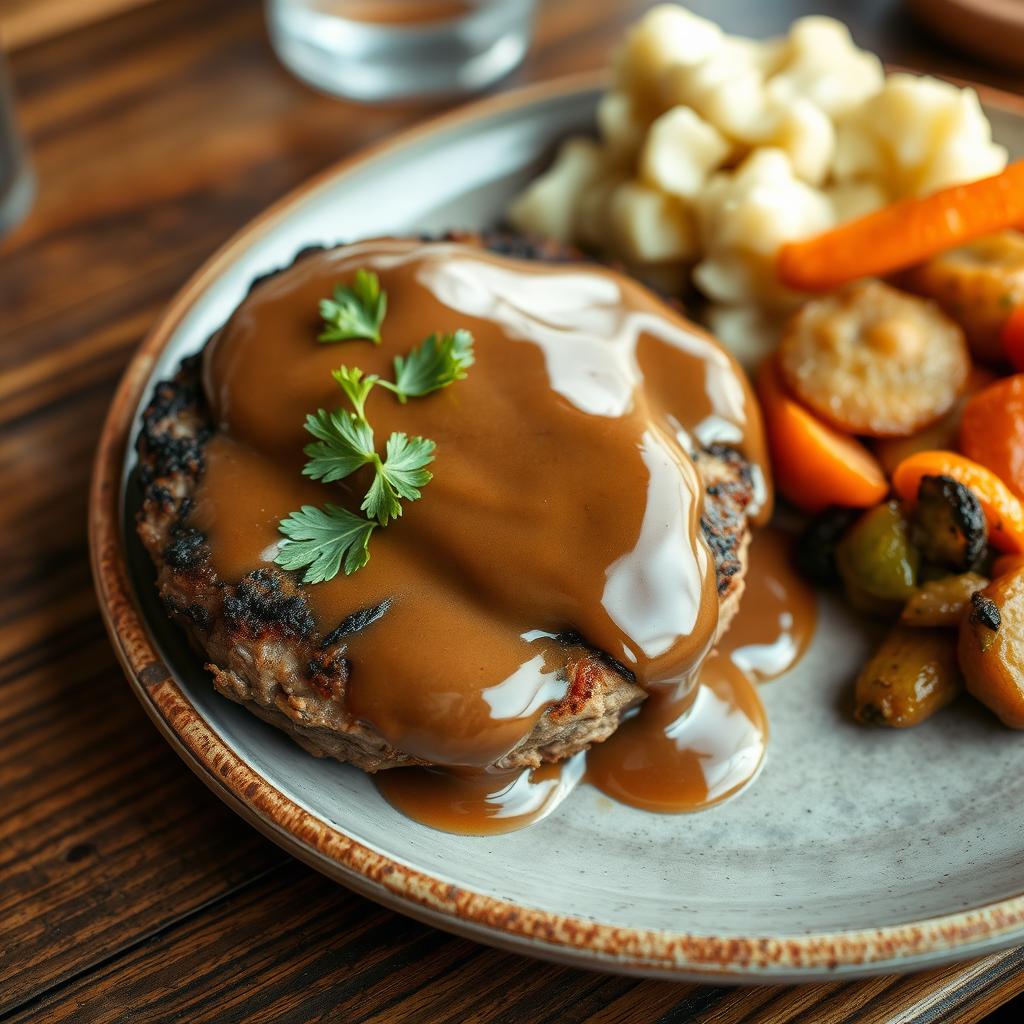 A delicious plate featuring a succulent burger steak topped with rich brown gravy, served without any buns
