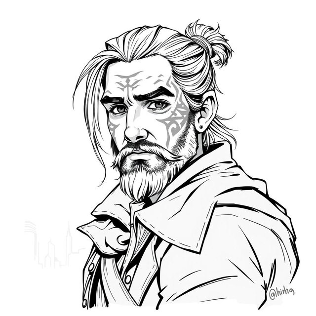 A greyscale illustration portrait of a dwarf rogue resembling a younger Thorin Oakenshield, looking forward
