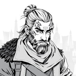 A greyscale illustration portrait of a dwarf rogue resembling a younger Thorin Oakenshield, looking forward