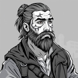 A greyscale illustration portrait of a dwarf rogue resembling a younger Thorin Oakenshield, looking forward