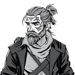 A greyscale illustration portrait of a dwarf rogue resembling a younger Thorin Oakenshield, looking forward