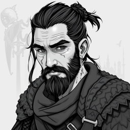 A greyscale illustration portrait of a dwarf rogue resembling a younger Thorin Oakenshield, looking forward with a confident expression