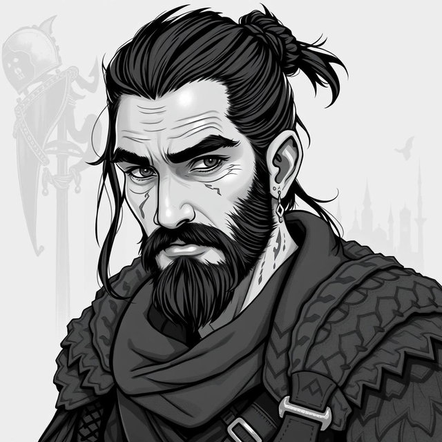 A greyscale illustration portrait of a dwarf rogue resembling a younger Thorin Oakenshield, looking forward with a confident expression